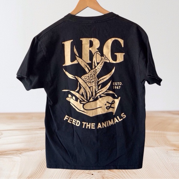 LRG "Feed the Animals" Gold Graphic Black T-Shirt Streetwear Size Medium Men’s - Picture 1 of 8